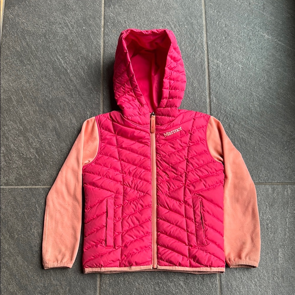 Marmot Pink and Tan Puffer Jacket with Hood
